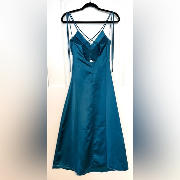 Jason Wu Teal Turquoise Satin Tie Strap low black slip midi dress ruched XS - Picture 5 of 14